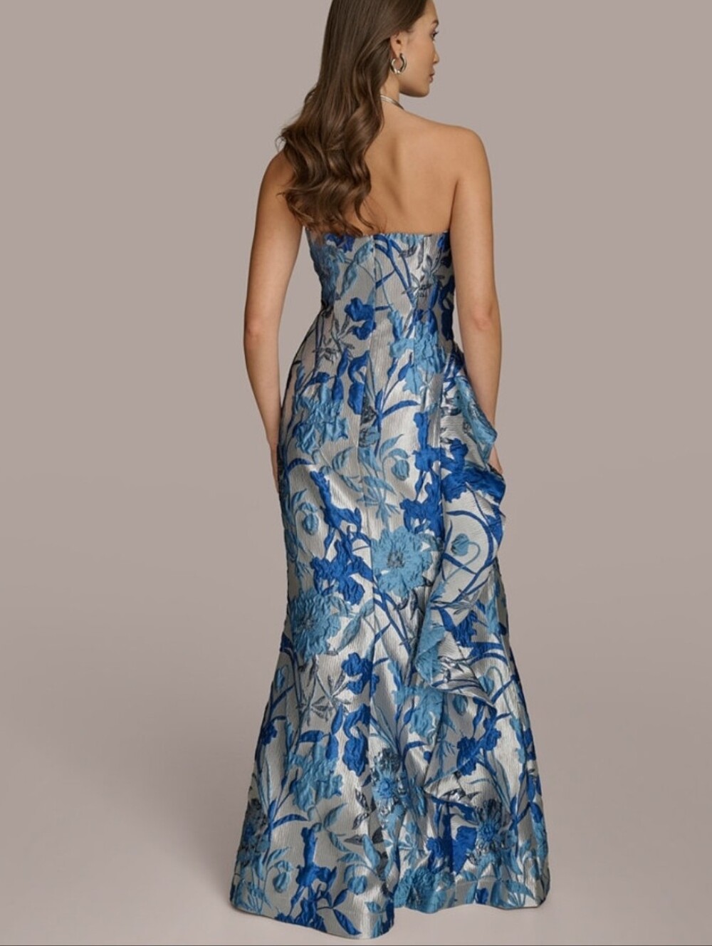 Donna Karen Blue Floral Strapless Brocade Gown - Picture 2 of 6